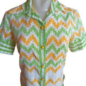 Medium Vintage 1960's Blouse Button-Up Shirt Chevron Print Bernardo Mod Mommy